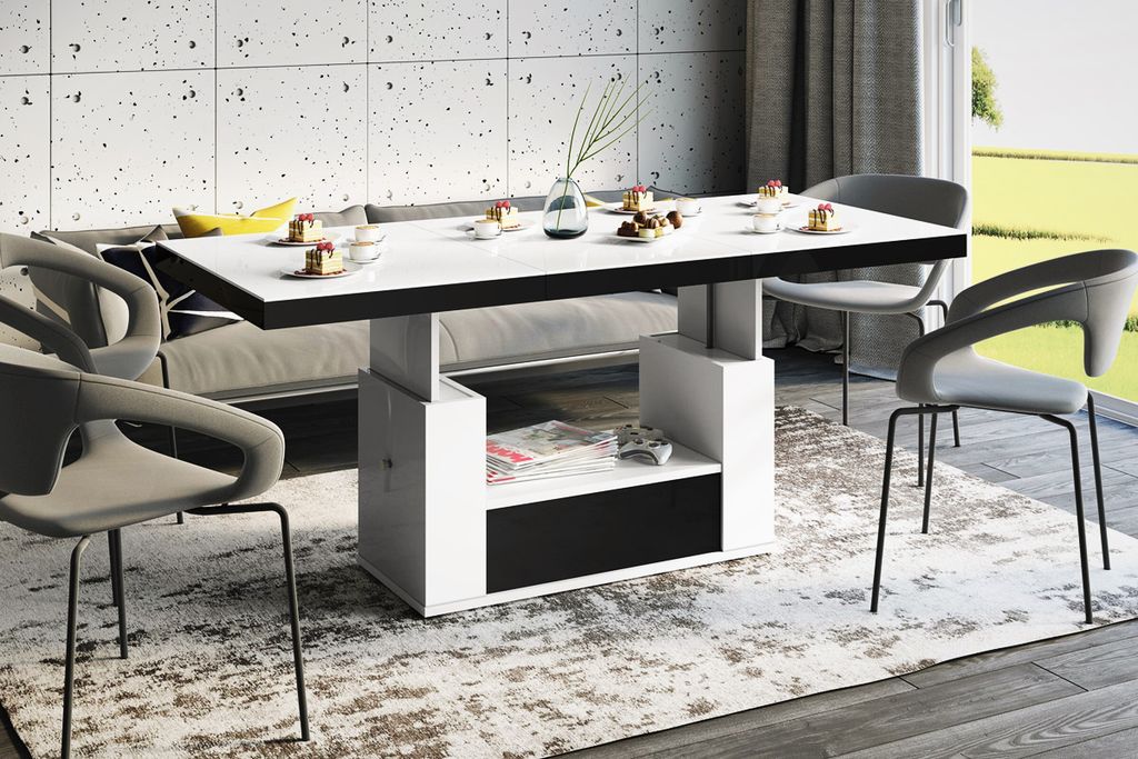 Design Couchtisch Tisch HM-111 Weiß / Schwarz Hochglanz Schublade höhenverstellbar ausziehbar Esstisch