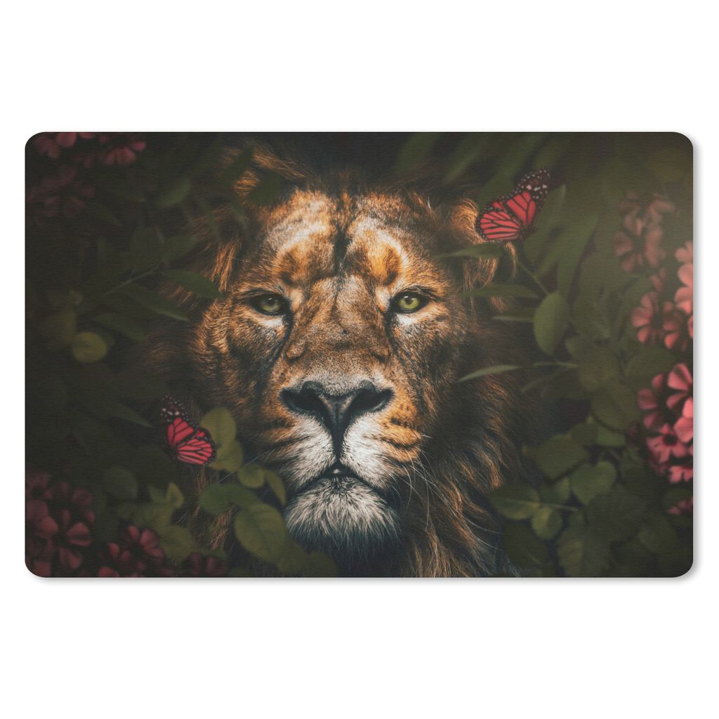MuchoWow Schreibtischunterlage Dschungel - Löwe - Schmetterling - Blumen 60x40 cm - XXL Mauspad - Großes Mauspad