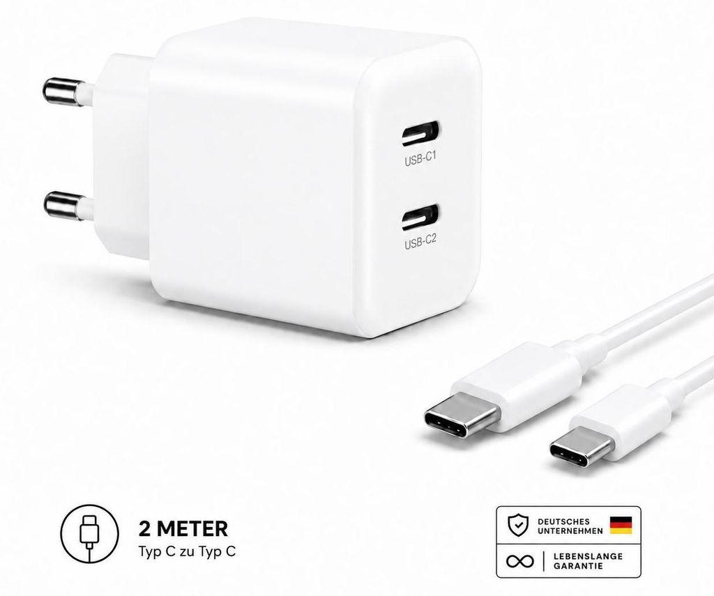 USB-C Ladegerät mit 2 USB-C Anschlüssen Netzteil Universal – Weiß / Typ-C 2 Meter