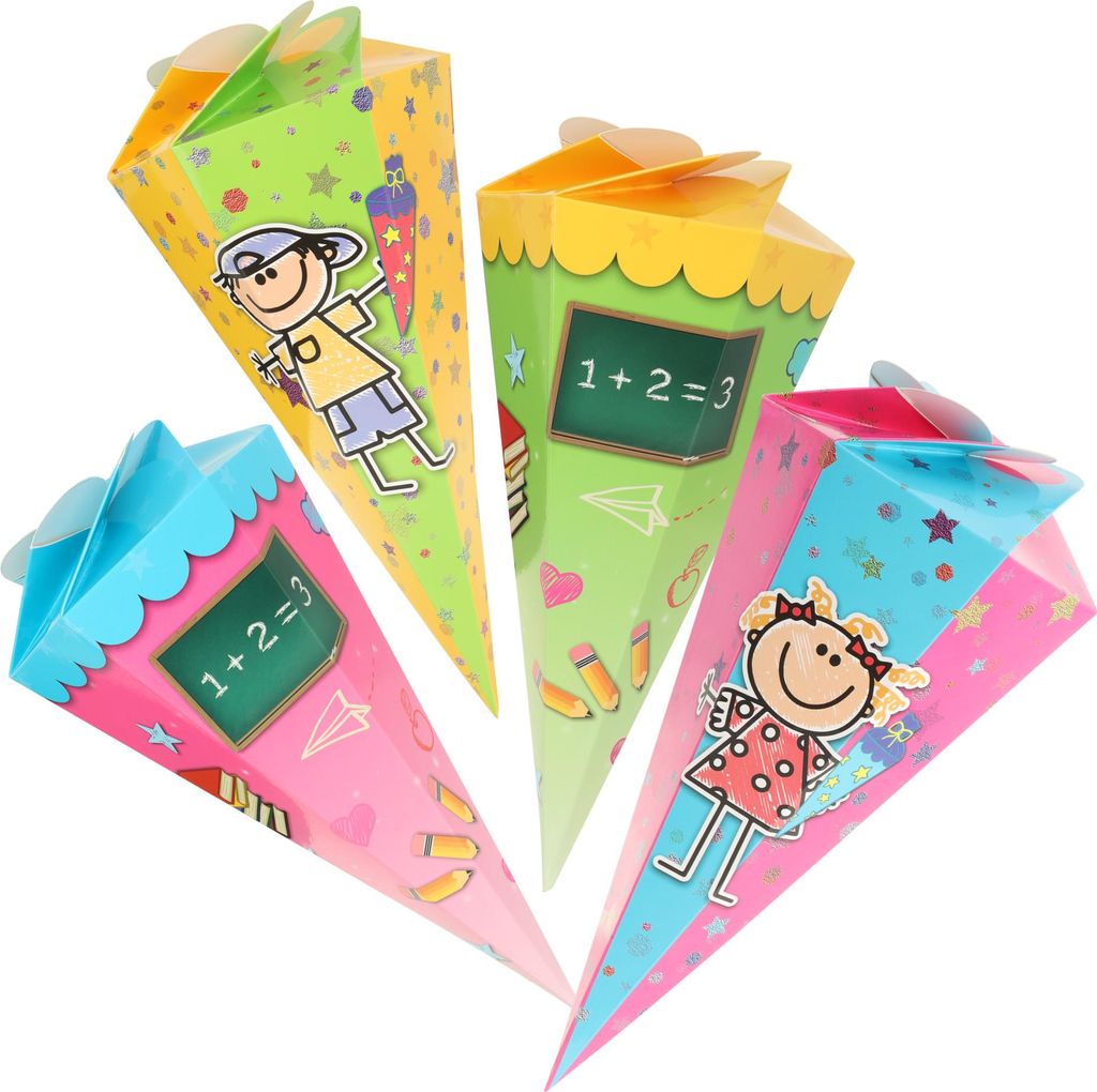com-four 4x Schultüte 30cm, Geschwisterschultüten aus Pappe, faltbare Zuckertüte für die Einschulung zum Schulanfang, Geschenkverpackung für...