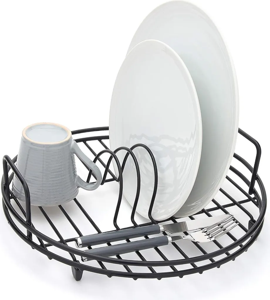 Étagère de séchage ronde pour vaisselle noire - Support évier stable