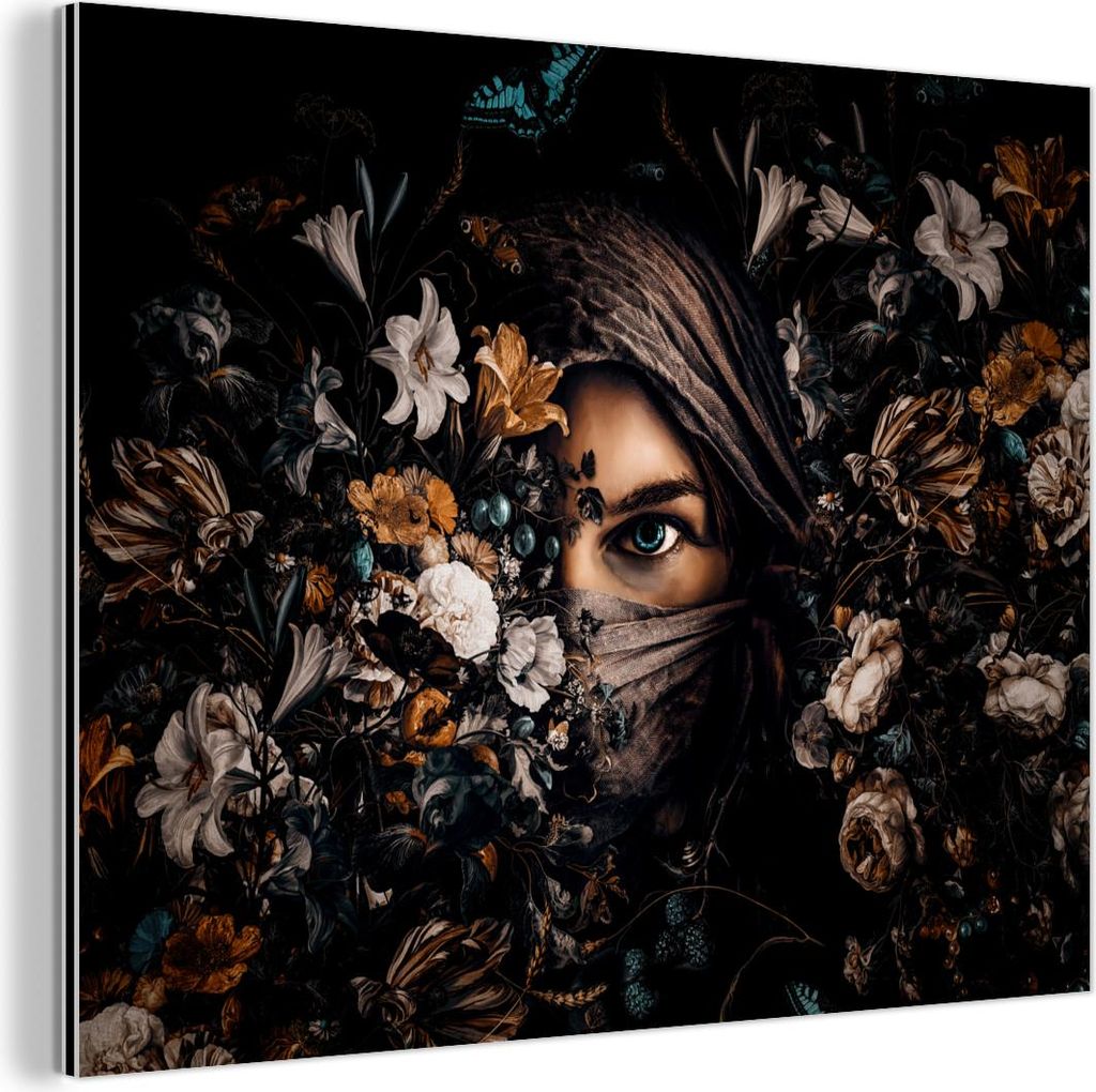 MuchoWow Wanddekoration Metall Metallbild Wandkunst 40x30 cm Frau - Luxus - Blumen - Schmetterling - Porträt MuchoWow Aluminium Gemälde - Dekorat...