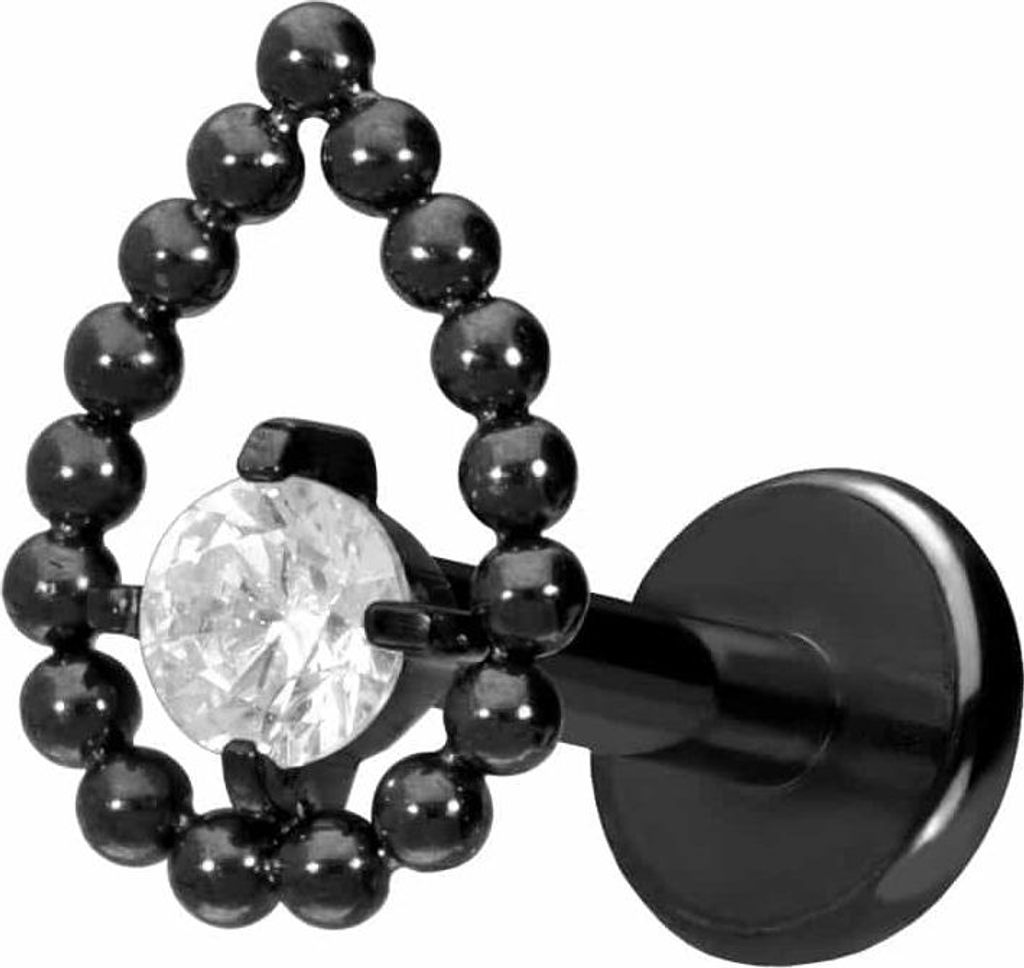Ohrpiercing, Nasenpiercing Titan Labret mit Push Fit TROPFEN + KRISTALL Schwarz Stablänge: 9mm | Stabstärke: 1,2mm