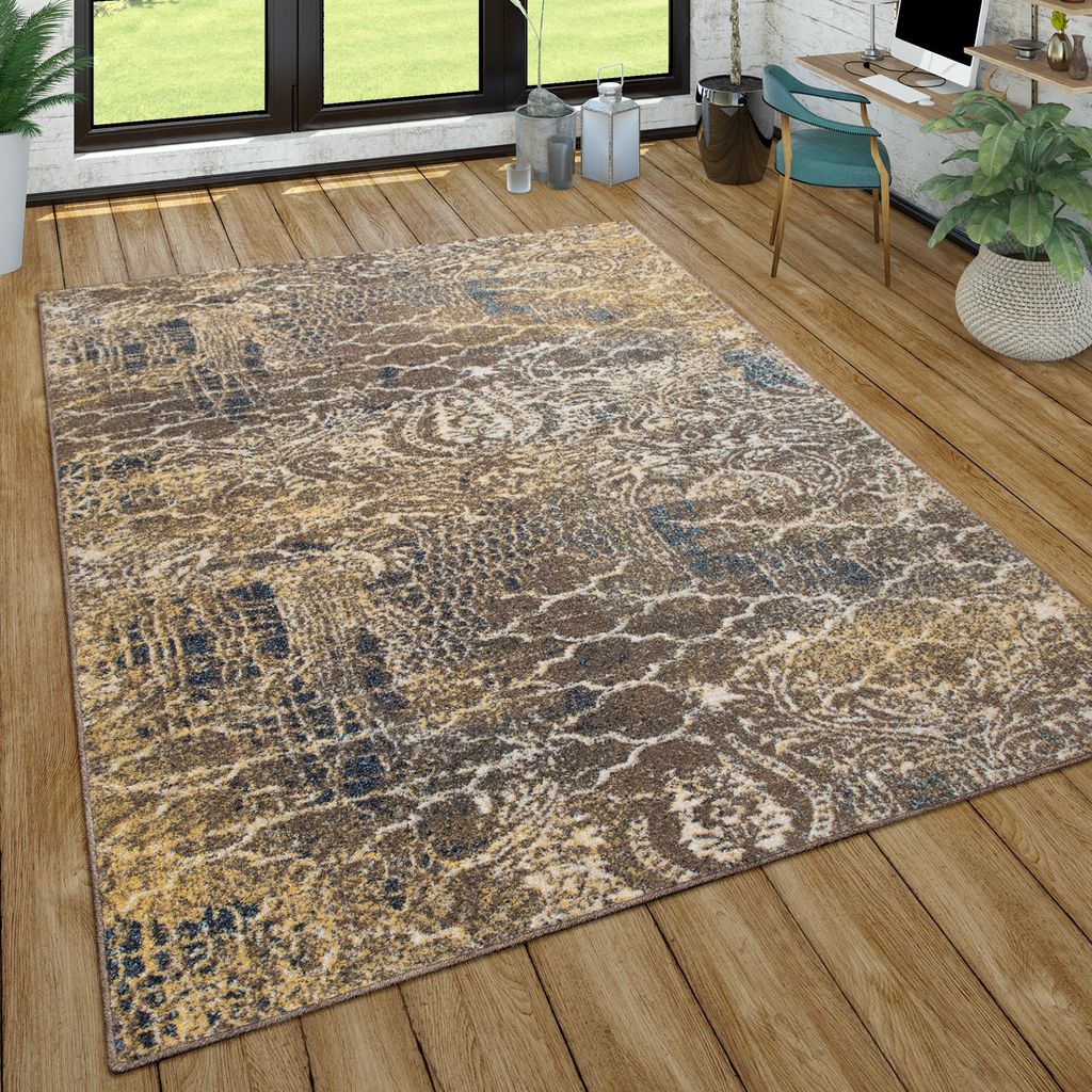 Teppich Wohnzimmer Vintage Design Kurzflor Mit Abstraktem Muster, Modern Braun Blau Grösse 60x100 cm