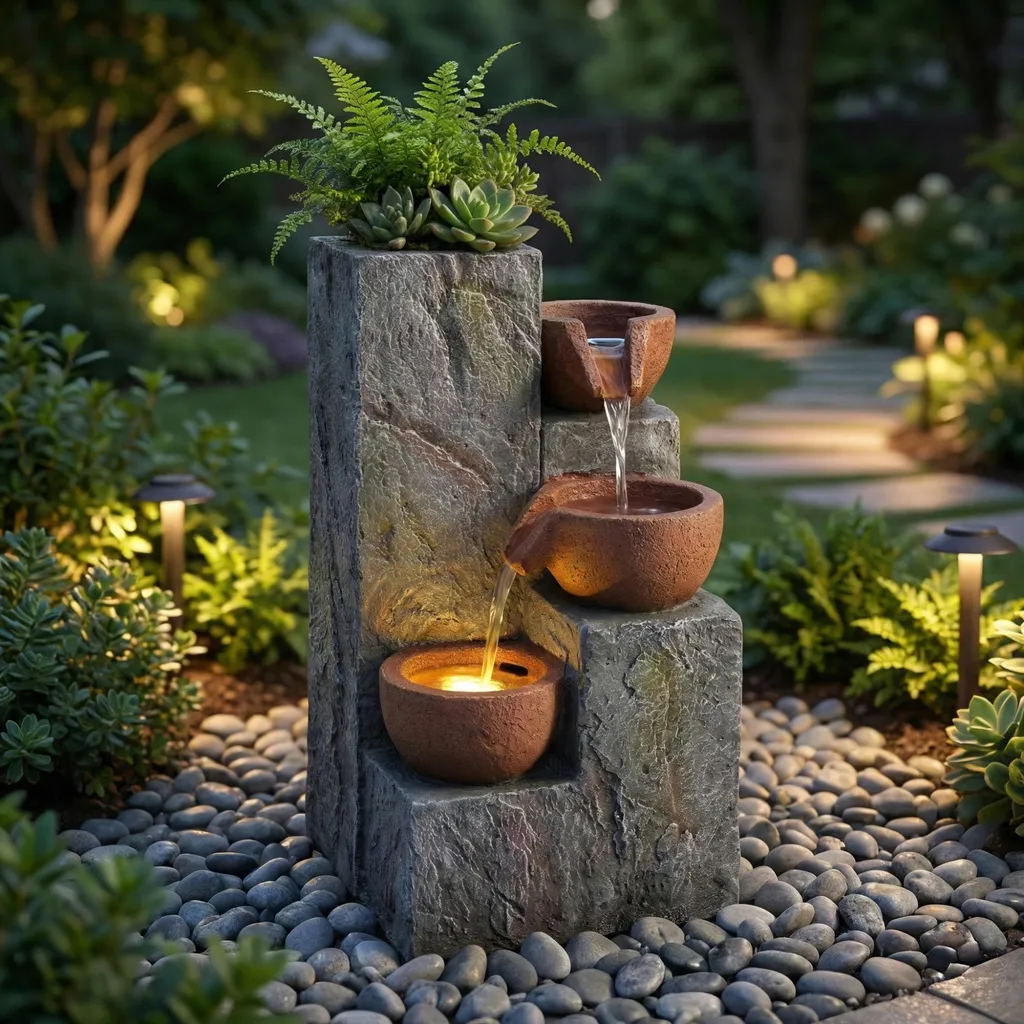 Fontaine de jardin Merax de style antique cascade 230V et LED gris pierre