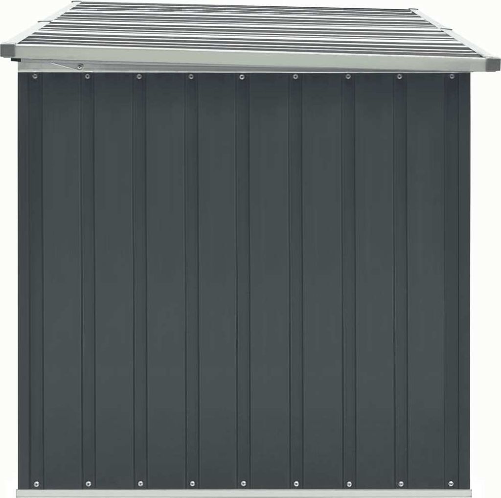 A front view of a gray garden storage box with a silver roof.