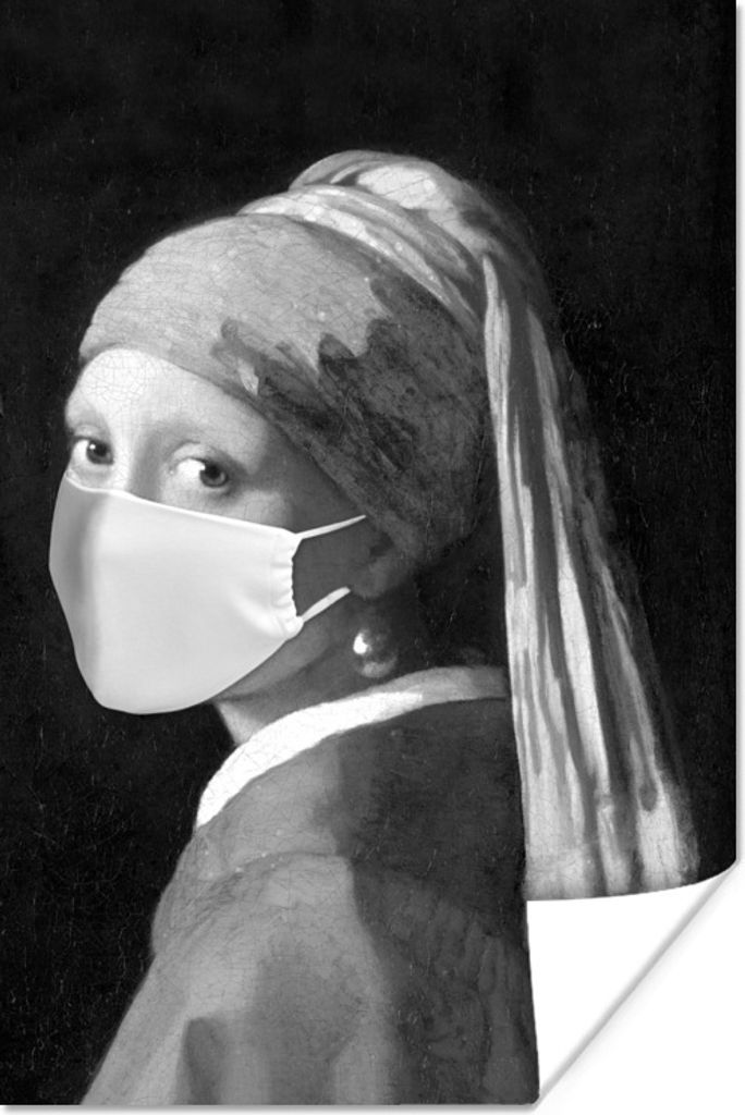 MuchoWow Poster Das Mädchen mit dem Perlenohrring mit weißer Mundhaube - Gemälde von Johannes Vermeer - schwarz-weiß 120x180 cm - Kunstposter