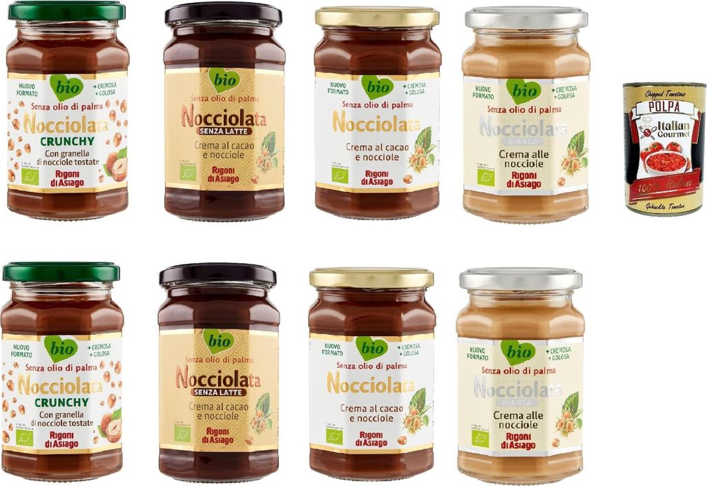 Rigoni di Asiago Nocciolata - Testpaket, 8x 250g, Haselnusscreme ohne Palmöl, Nuss Nougat Creme ohne Palmöl, Leckerer Brotaufstrich + Italian Gou...