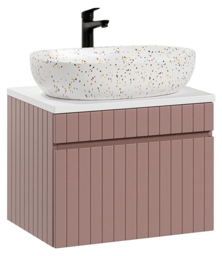 ICON Set: Unterschrank 60cm in pudrigem Rosa + weiße Waschtischplatte + gesprenkeltes Aufsatzwaschbecken