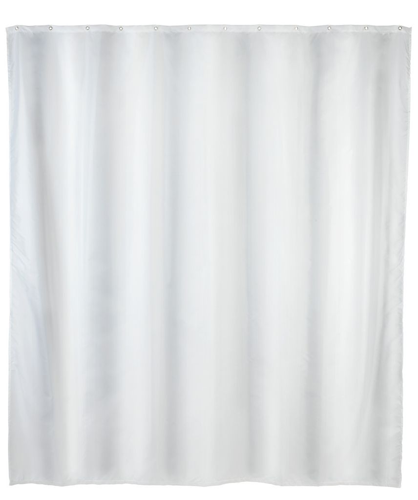 A white shower curtain hanging straight.