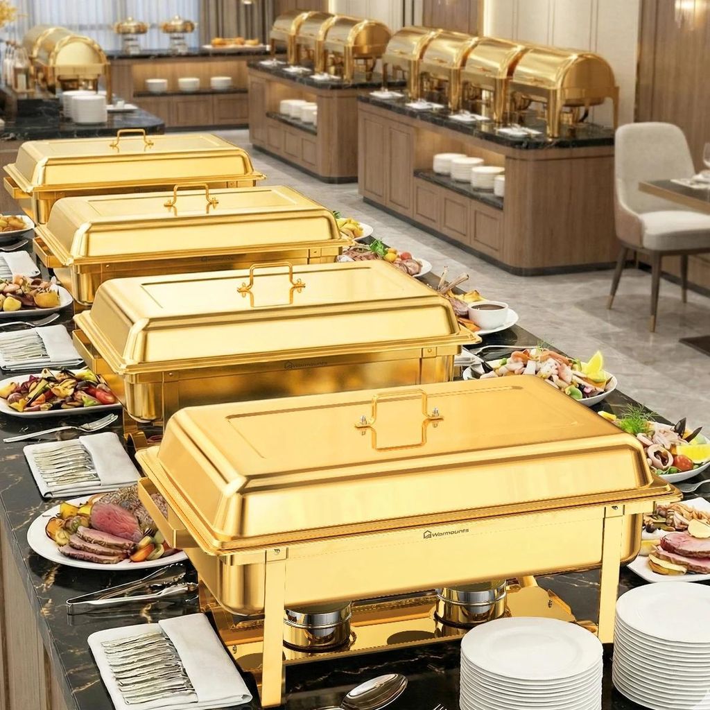 Chafing Dish Speisenwärmer - 4er-Set - 10 l - Quadratisch - Edelstahl 201 - Für Buffet, Catering, Hochzeit & Party - Braun