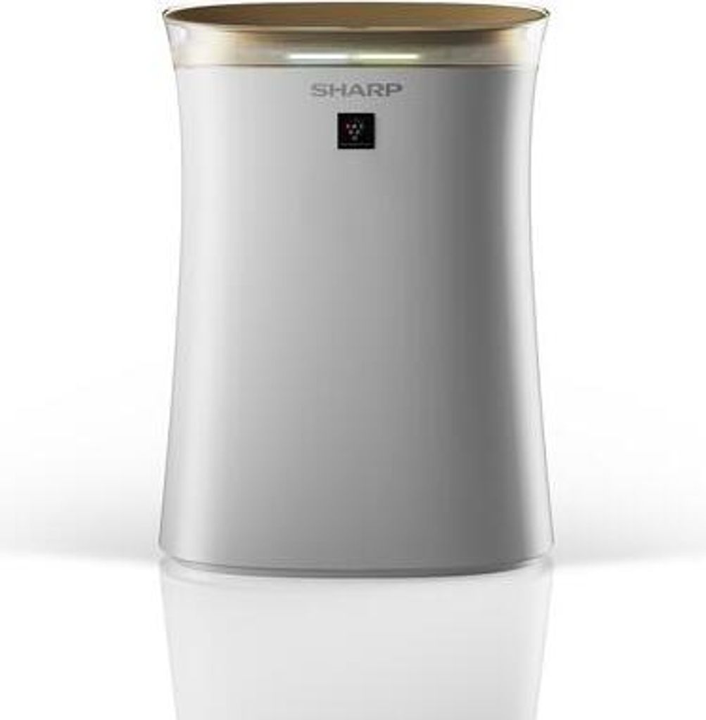 A white and gold air purifier is shown against a white background.