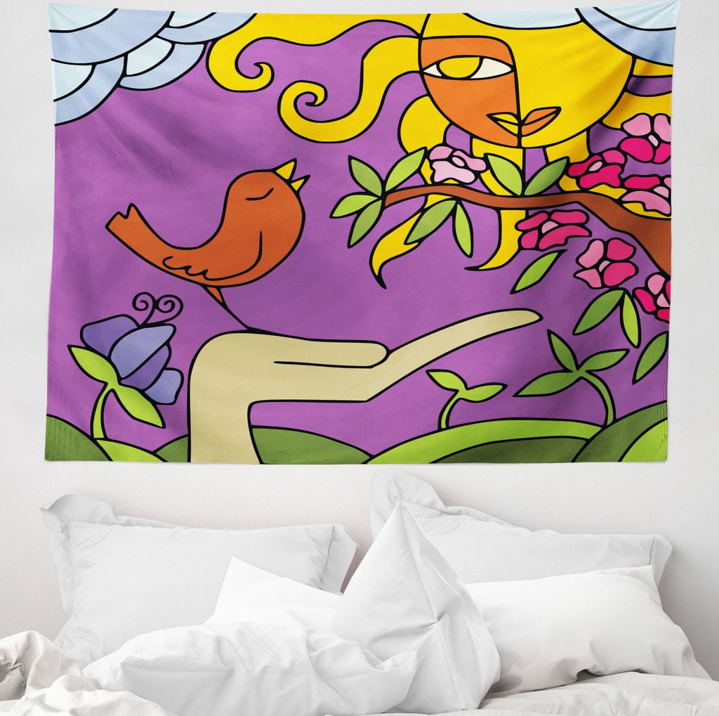 ABAKUHAUS Kinder Mädchen Wandteppich, Tweeting kleine Vögel aus Weiches Mikrofaser Stoff Waschbar ohne Verblassen Digitaldruck, 150 x 110 cm, Meh...