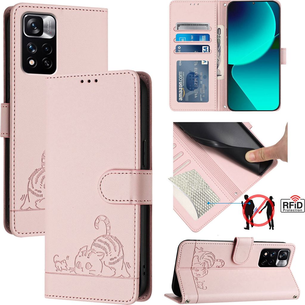 Leder Hülle für Xiaomi Redmi Note 11 Pro+ 5G Süße Katze Flip Case Brieftasche Schutzhülle mit Standfunktion Pink