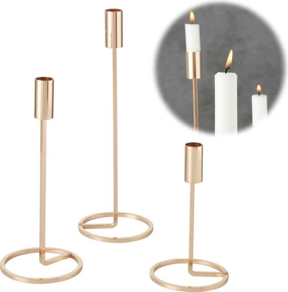 LS-LebenStil Vintage 3 ́er Set Metall Kerzenständer Gold Kerzenhalter für Stabkerzen Stabkerzenhalter Kerzenleuchter