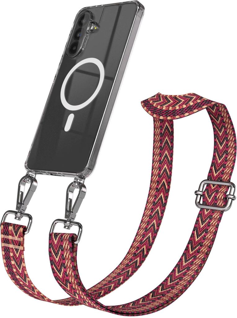 EAZY CASE - Handykette mit MagSafe Hülle für Samsung Galaxy A56, Handyband ZigZag Style,Karabiner Silber, Umhängeband in Rot