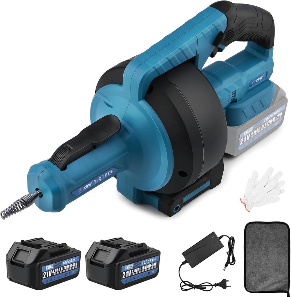 21V Rohrreinigungsmaschine 610 U/min | mit 2x Akku | Ø9mm 7.6M Rohrreinigungsspirale für Ø16-85 mm Rohrleitungen, Elektrisch Rohrreiniger Drain ...
