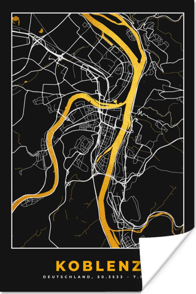 MuchoWow Poster Stadtplan - Deutschland - Gold - Koblenz - Karte 20x30 cm - Papierdruck