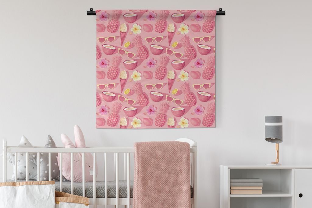 MuchoWow Wandteppich Wandbehang Sommer - Rosa - Muster 90x90 cm Tapisserie Dekoration Wandtuch - Wandaufhänger