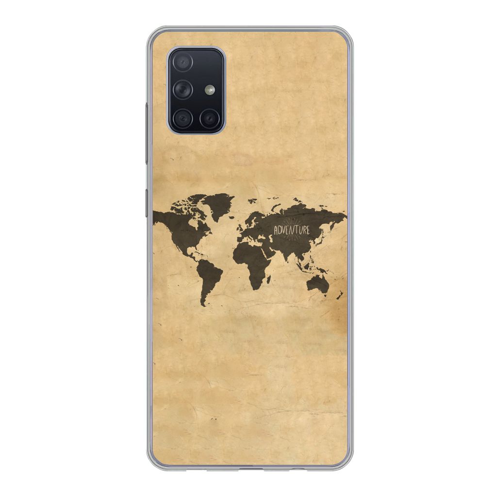 MuchoWow Handyhülle Schutzhülle Hülle für Samsung Galaxy A71 Weltkarte - Braun - Zitat Silikon Softcase Handy Hülle - Kartenbesitzer