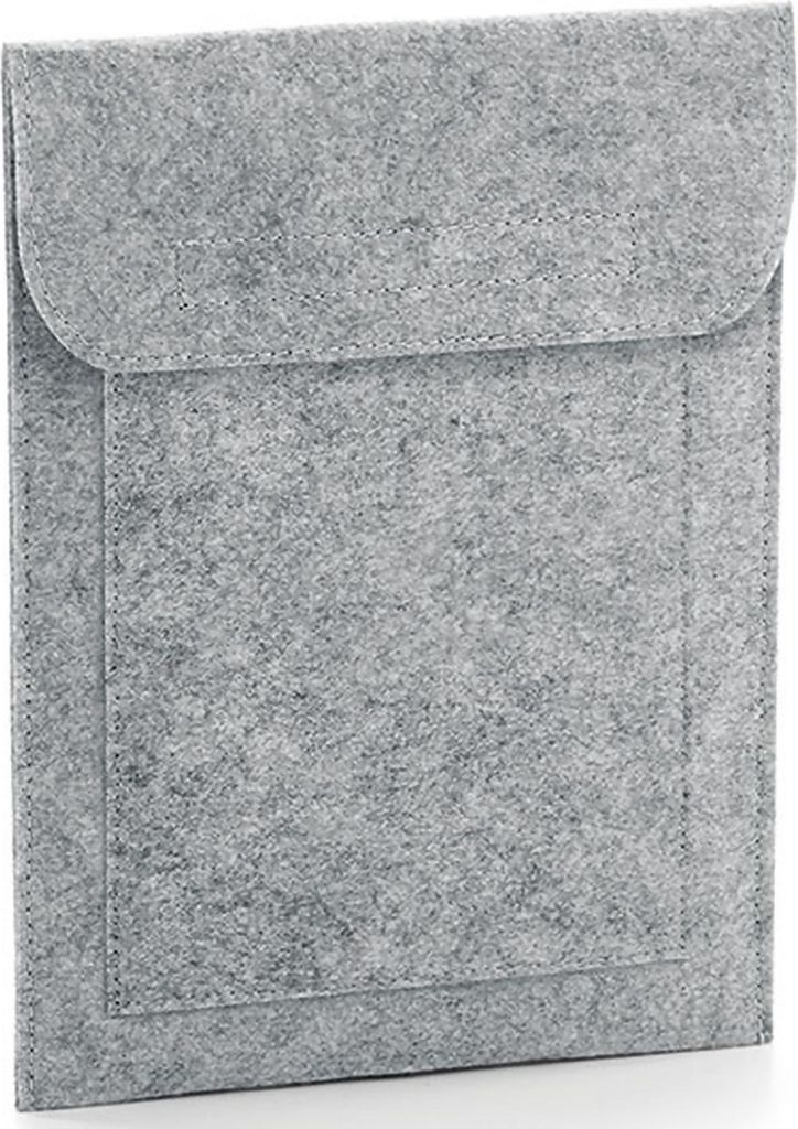 A grey felt sleeve for an iPad or similar device, shown flat against a light grey background.