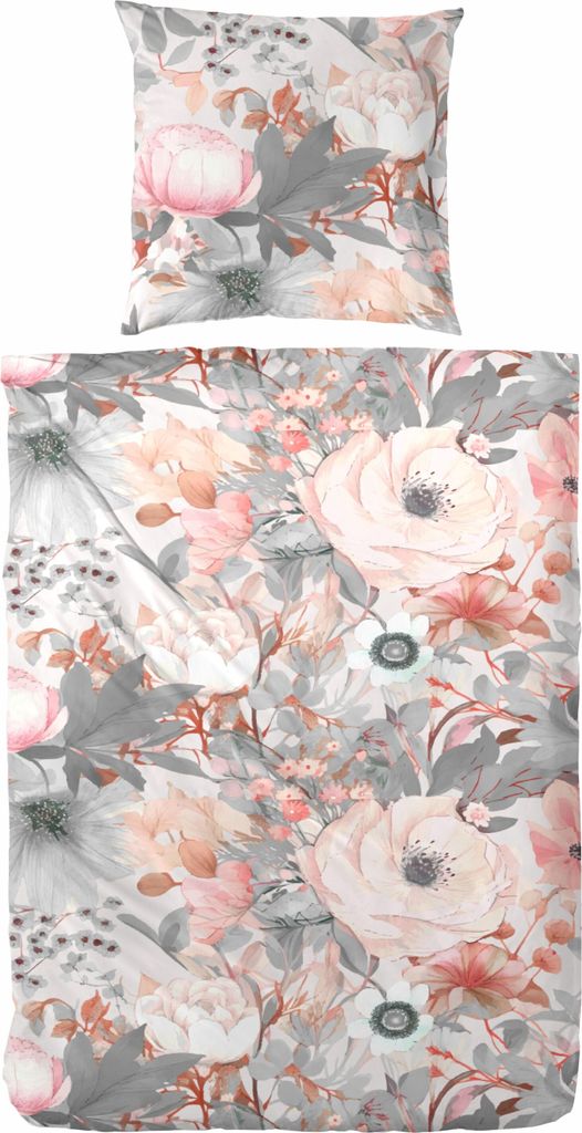Primera Mako-Satin Bettwäsche 155x220 Blüten Rosen weiß silber rosa 243230-82