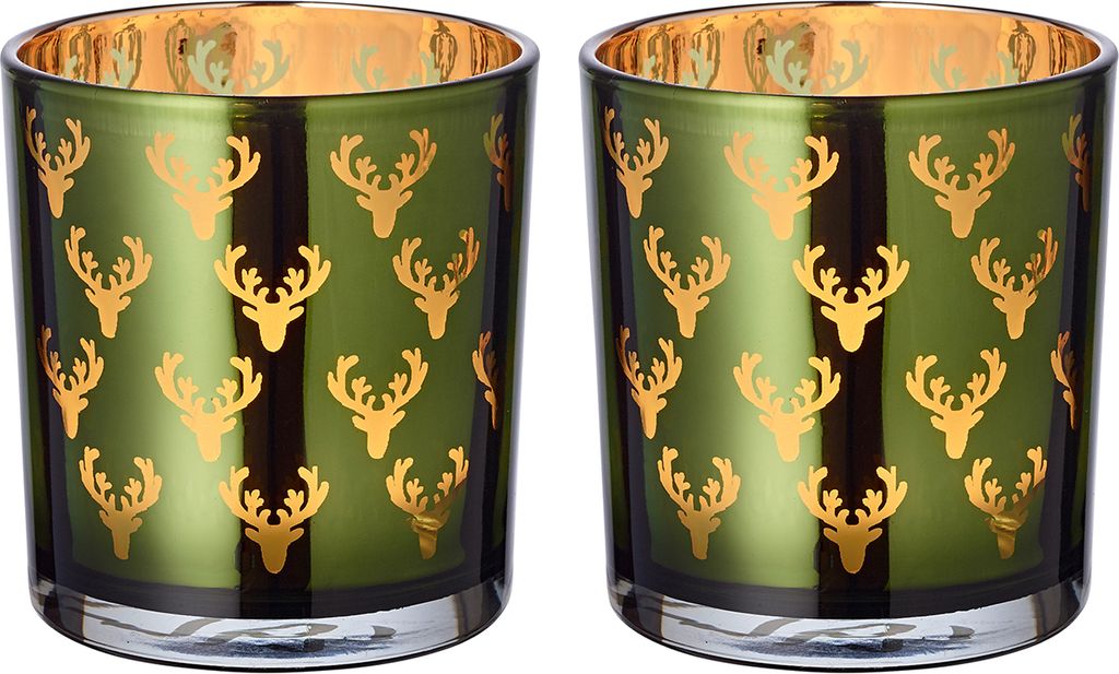 2er Set Teelichtglas Dirk (Höhe 8 cm, ø 7 cm), außen grün / innen gold, Windlicht im Hirsch-Design