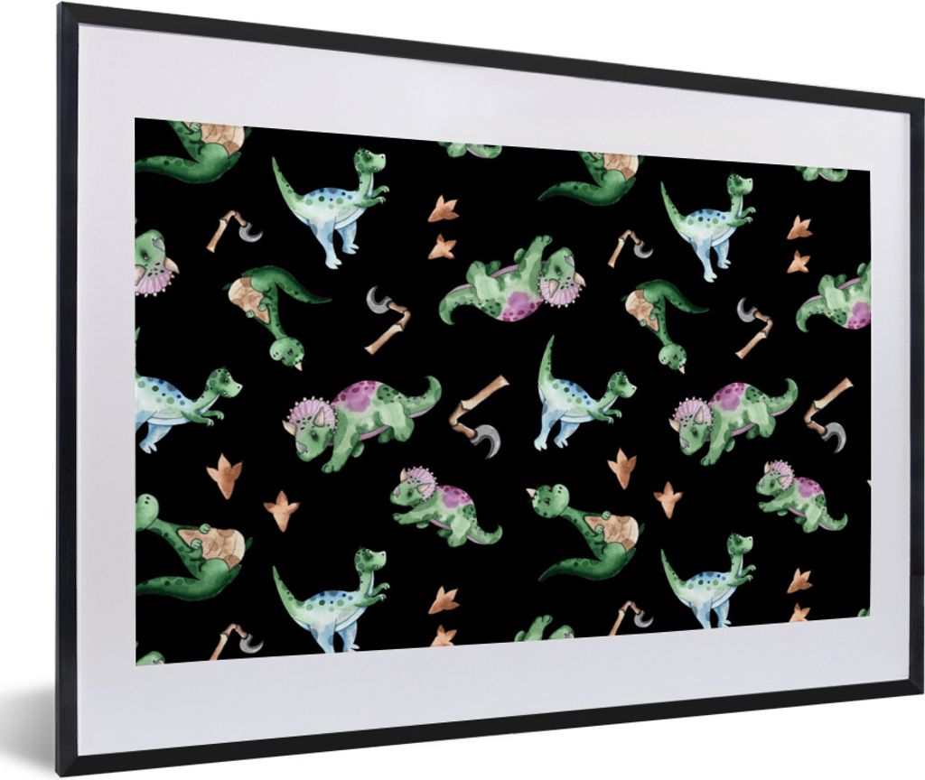 MuchoWow Gerahmtes Poster Kinderzimmer - Dinosaurier - Schwarz - Jungen - Mädchen - Kind 60x40 cm - Poster mit Schwarzem Bilderrahmen Wandposter...