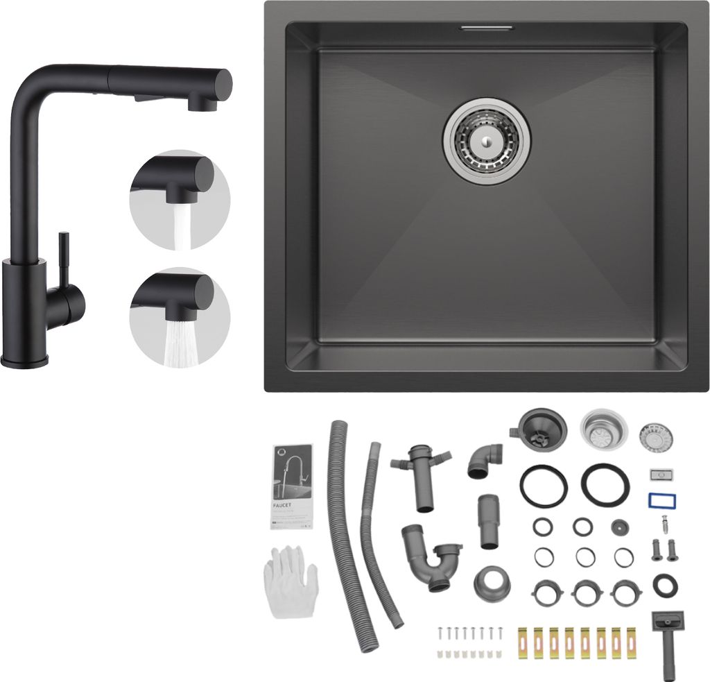 CECIPA Küchenspüle Einbauspüle Edelstahlspüle Eckig Spülbecken Spüle 50x44cm + Edelstahl Ausziehbare Küchenarmatur