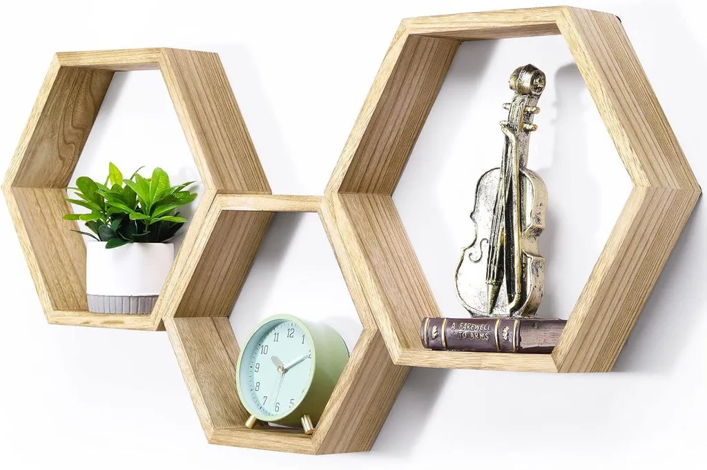 Lot de 3 étagères murales décoratives hexagonales en bois nid d'abeille