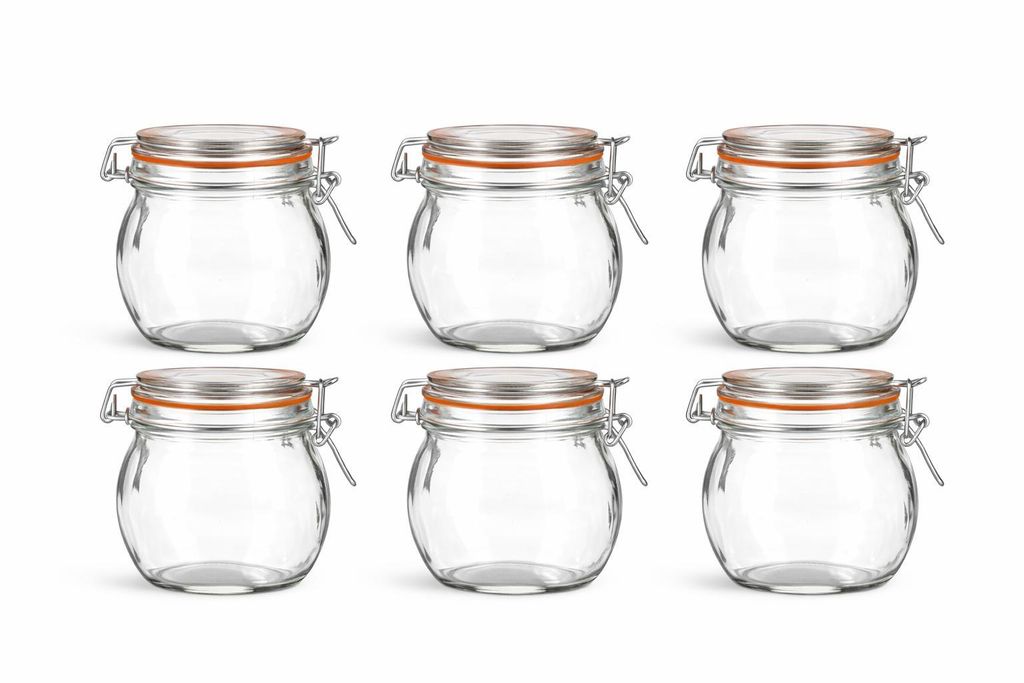 Set aus 6 kugelförmigen Glas-Vorratsgläsern 750 ml – mit Bügelverschluss & Gummiring – Transparent