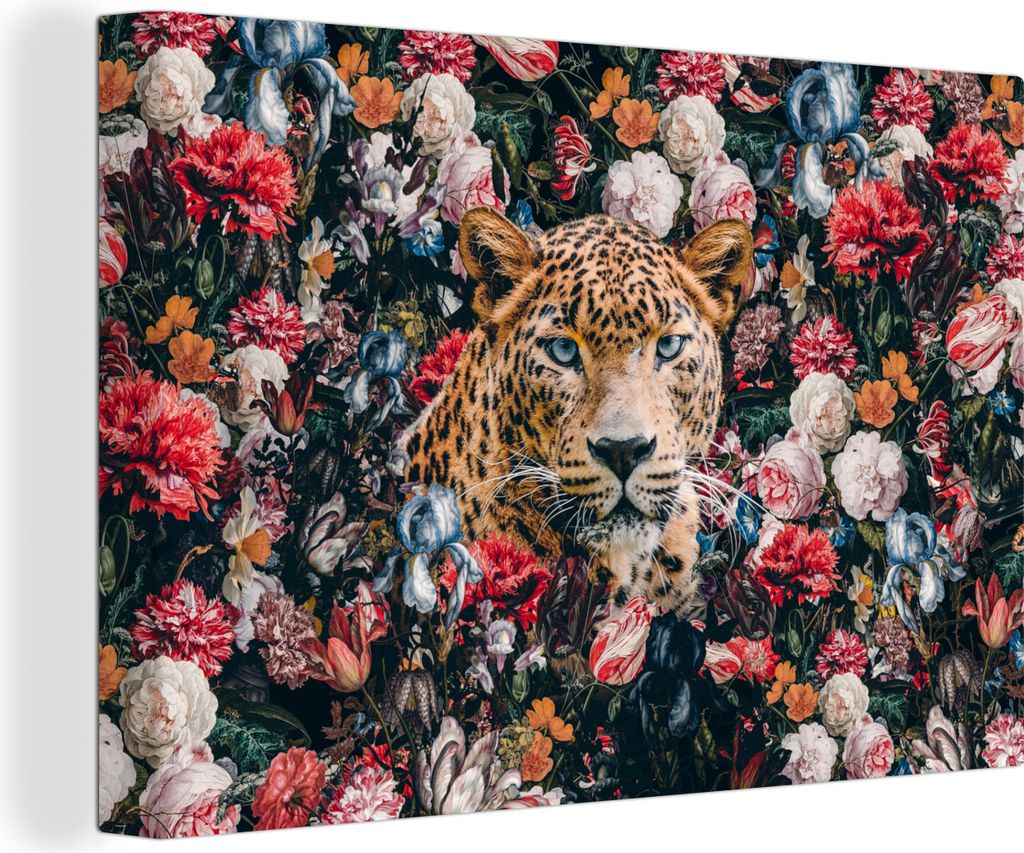 OneMillionCanvasses - Leinwandbilder - 140x90 cm, Leopard - Blumen - Tiere, Wandbilder Kunstdruck Wanddekoration