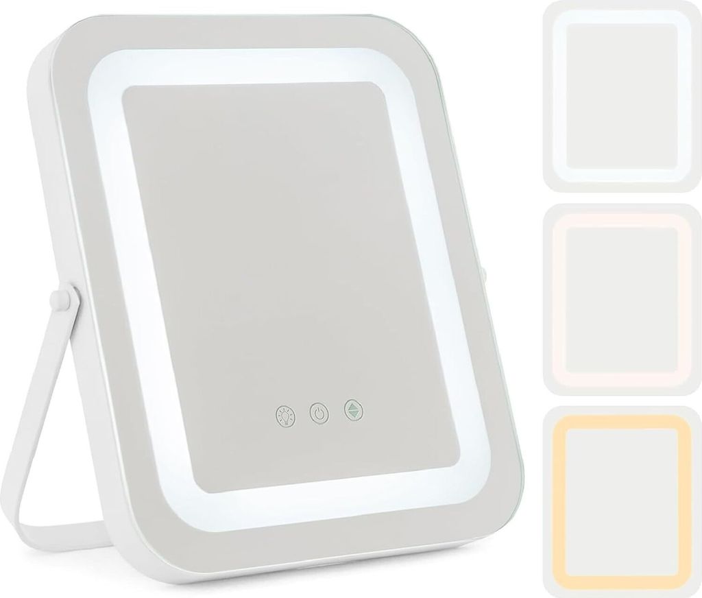 30x25cm Schminkspiegel mit stufenlos dimmbare LED-Beleuchtung, Kosmetikspiegel 360° drehbar, Make up Spiegel mit 3 Lichtfarben & Metallrahmen