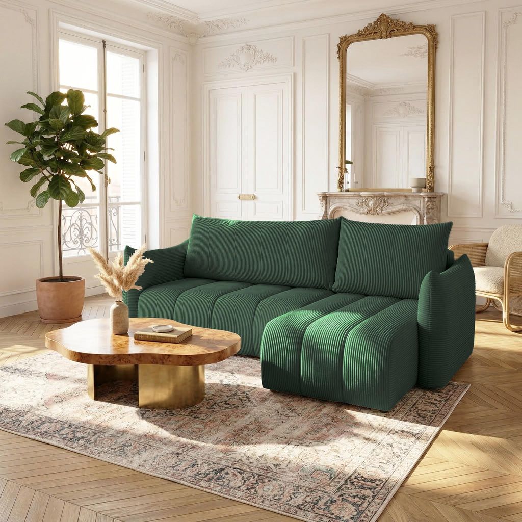 Ecksofa Schlafsofa ONTARIO XS in Stoff Poso Grün Ottomane Rechts