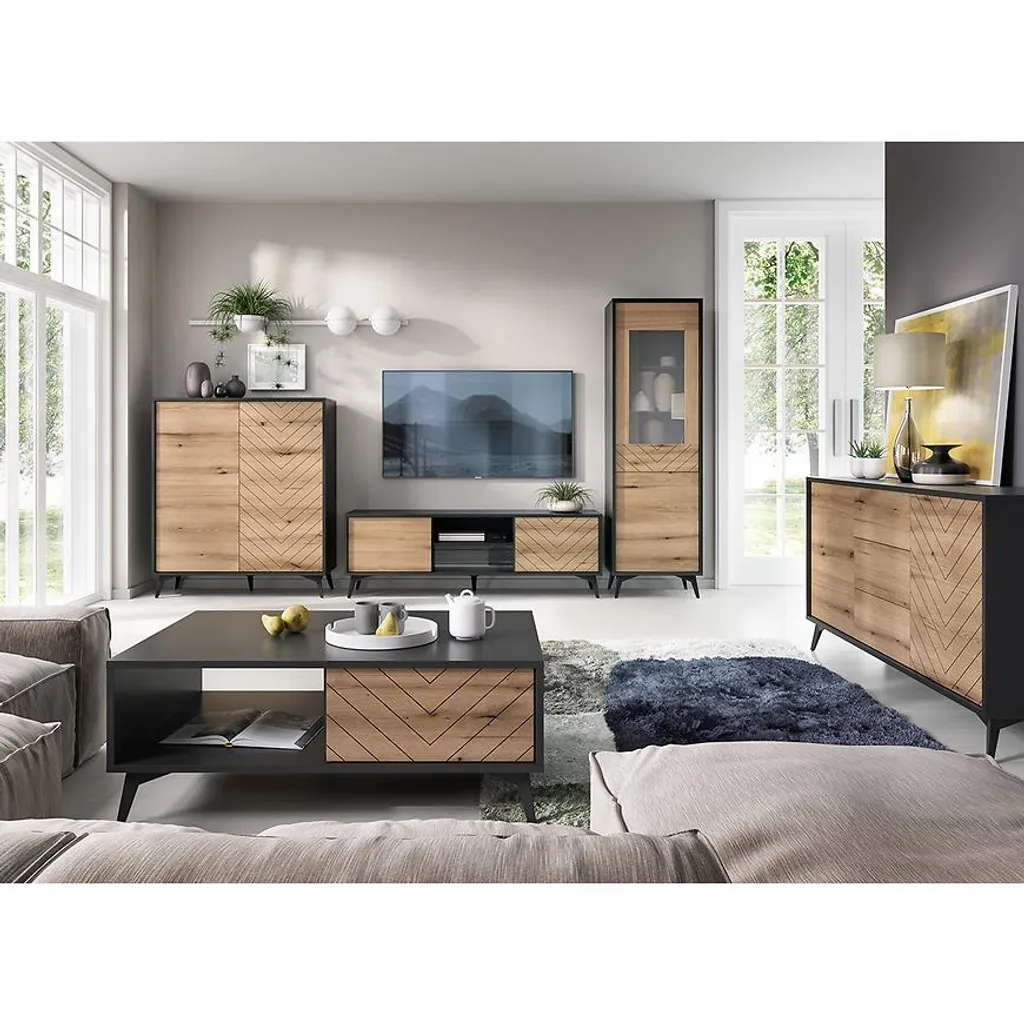 Commode NAMIRO noire et bois 3 portes avec grands volumes - 6