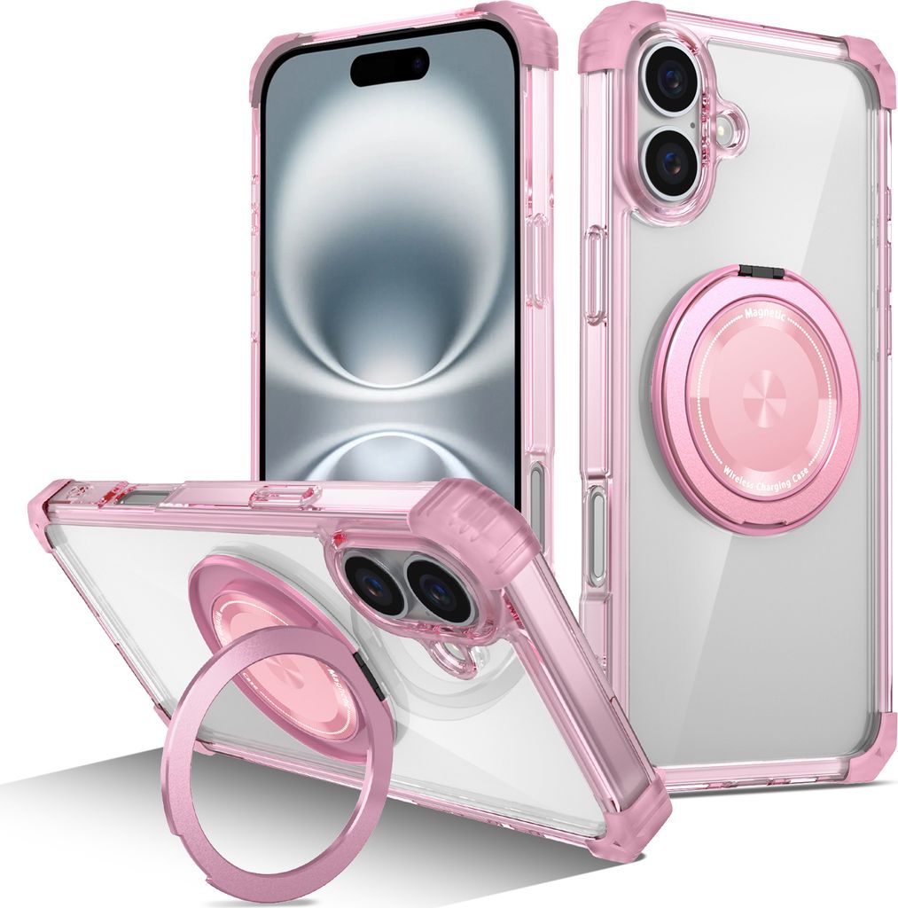 Handyhülle für iPhone 16 Plus Magnetisches Ringhalter Ständer Kompatibel mit Magsafe Militärschutz Transparente Hülle Pink