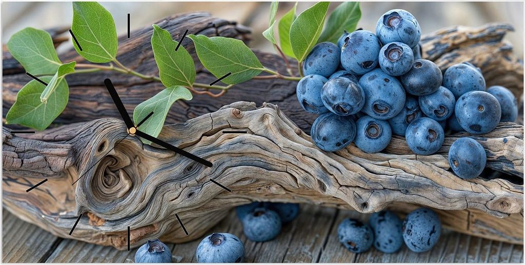 Wanduhr aus Glas mit Motiv Blaubeeren auf Holz- 60 x 30 cm - inkl. Aufhängesystem