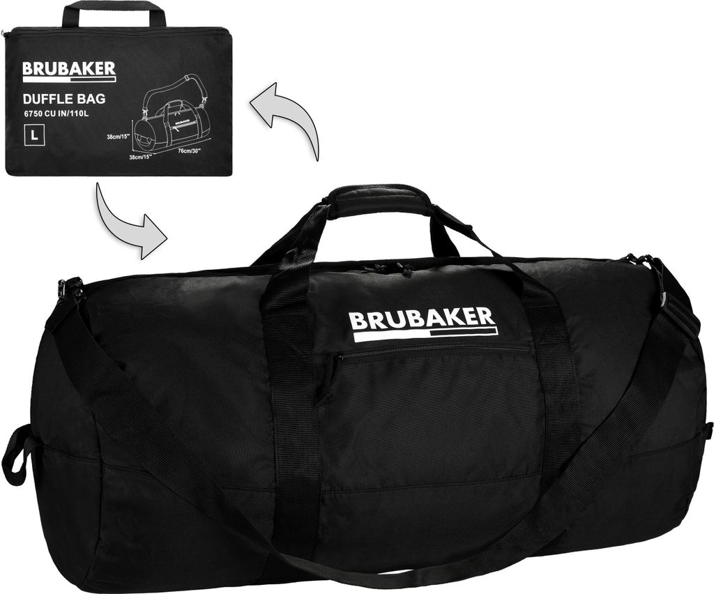 BRUBAKER Faltbare Reisetasche - Duffle Bag Schwarz - Wandelbare Weekender Sporttasche Falttasche - Falt-Trainingstasche für Herren und Damen, 110L