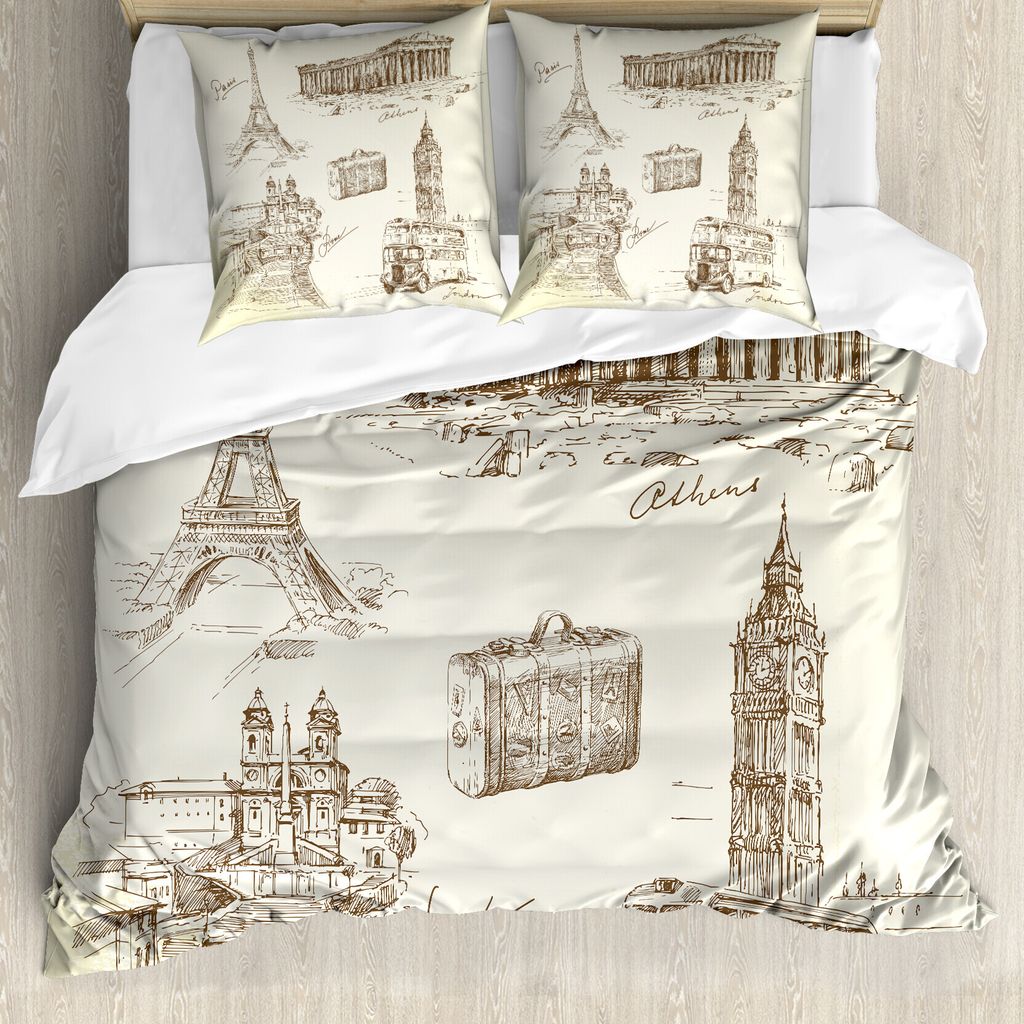 ABAKUHAUS Handgemalt Bettbezugs Set Für Doppelbetten, Reise über Europa, Milbensicher Allergiker geeignet mit Kissenbezügen, Beige Schwarz