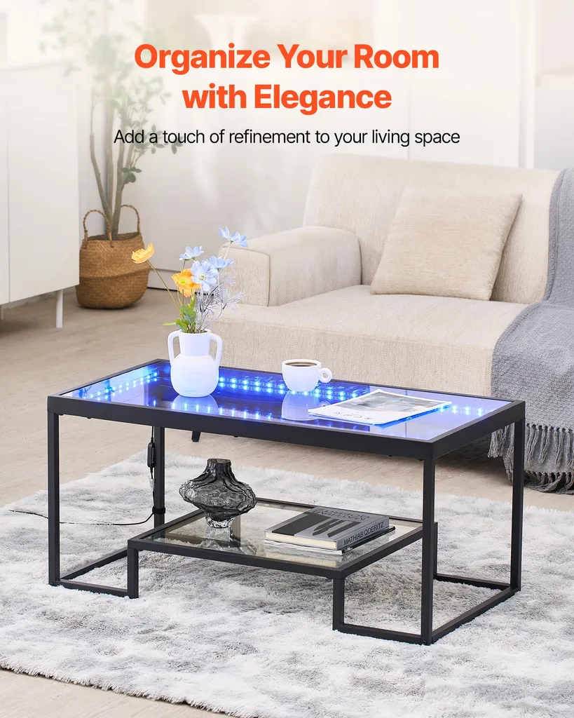 Table Basse Design avec Éclairage LED et Double Plateau Verre Noir - 2