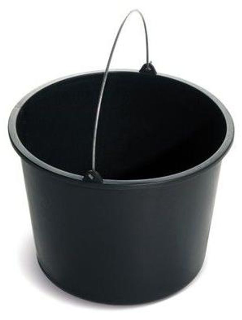 A black bucket with a metal handle against a white background.