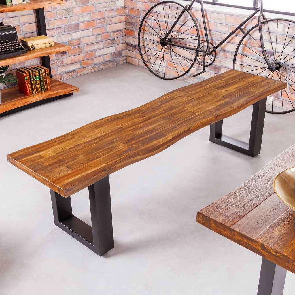 Industrial Baumstamm Sitzbank GENESIS 180cm Akazie Massivholz Metallgestell
