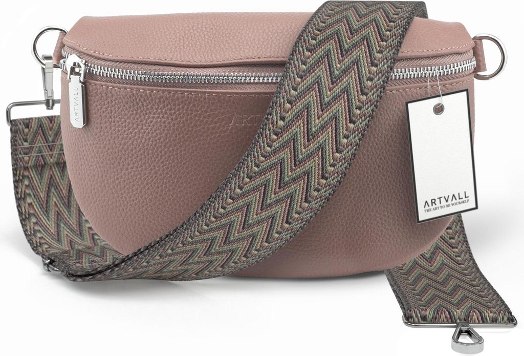 ARTVALL - Umhängetasche aus Leder, Klein mit verstellbarem Schultergurt, abnehmbares Taschenband, Crossbody Bag in Rosa