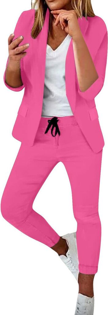 ASKSA Damen Mittellangen aermel Hosenanzug Elegant Business Anzug Set Freizeitanzug, Roserot, Groesse: S