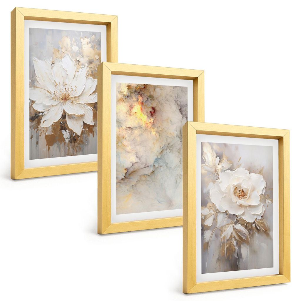 Bilder Set 3-teilig im Goldrahmen Rahmen – Wandbilder 3 Stück – gerahmte Poster für Wohnzimmer, Schlafzimmer und Flur – 20x30 cm – Blumen...