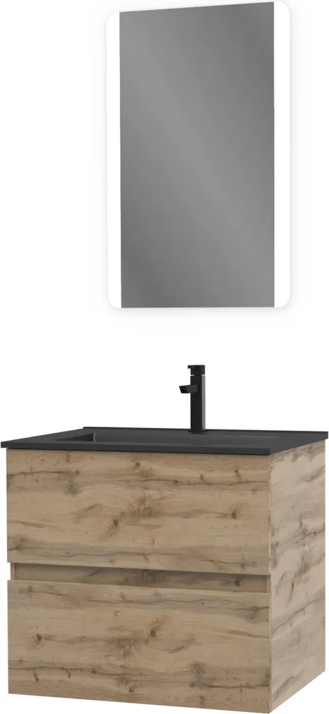 Meuble de bain chêne naturel 60cm avec vasque noire et miroir rétroéclairé