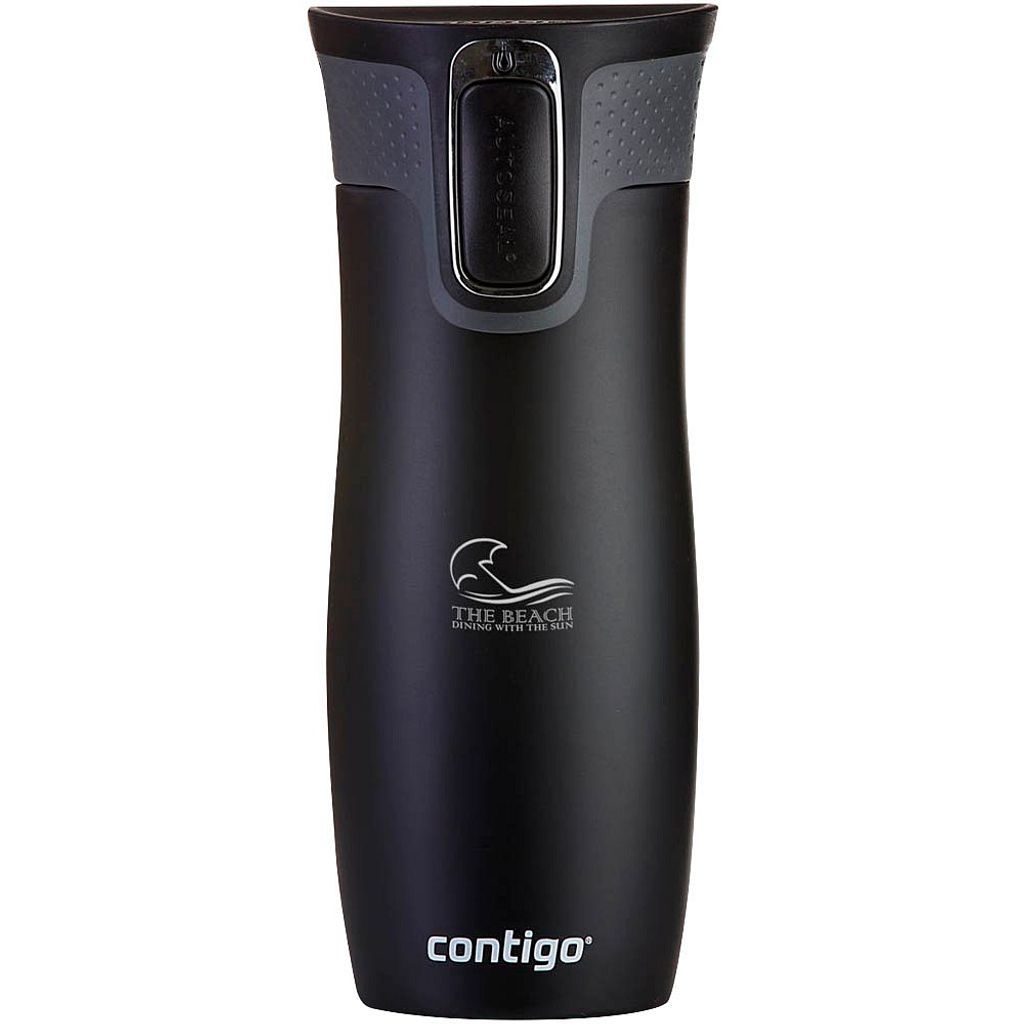 A black Contigo travel mug is shown against a white background.