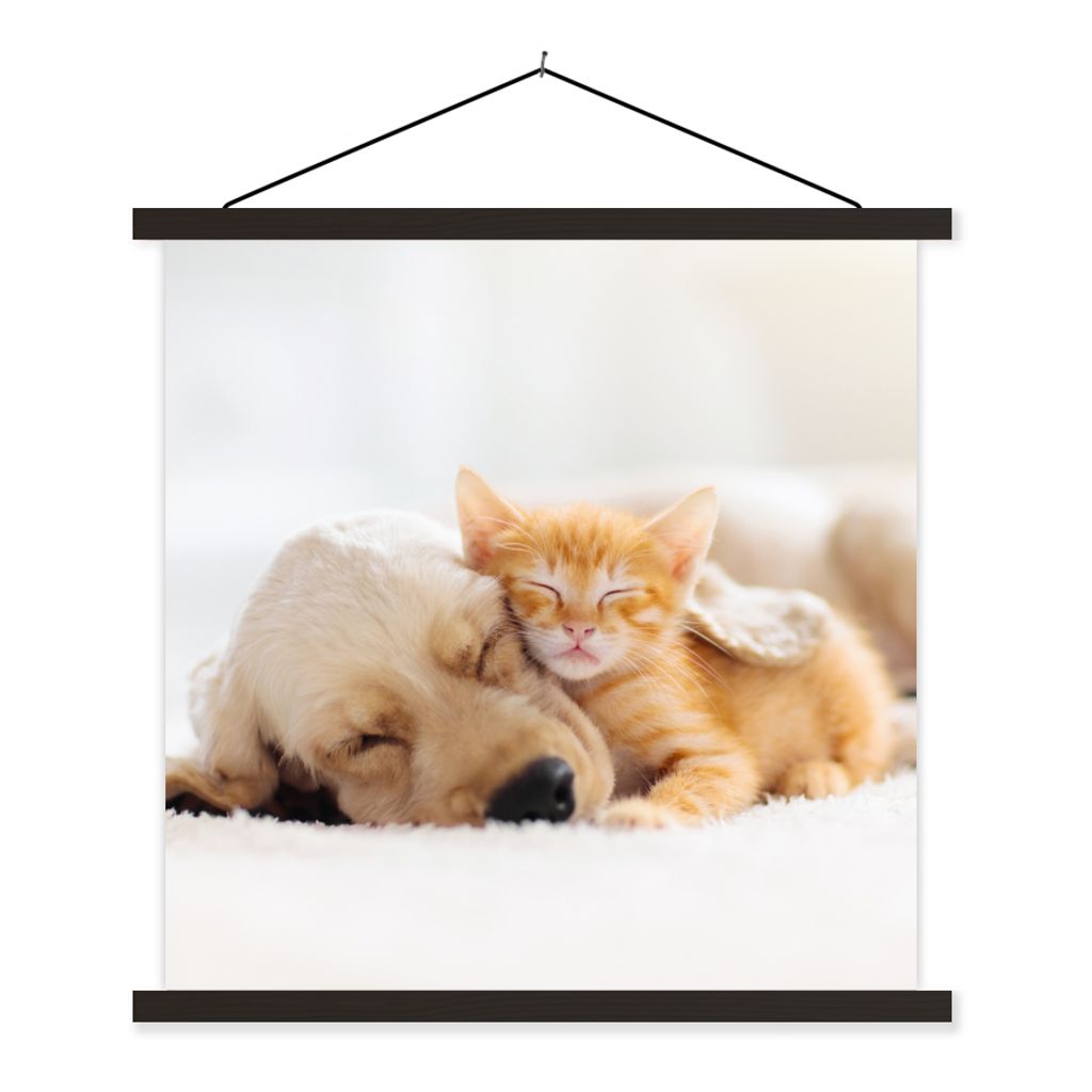 MuchoWow Textilposter Tiere - Hund - Kätzchen - Rot 120x120 cm mit schwarzem Rahmen - Aufhängungsset