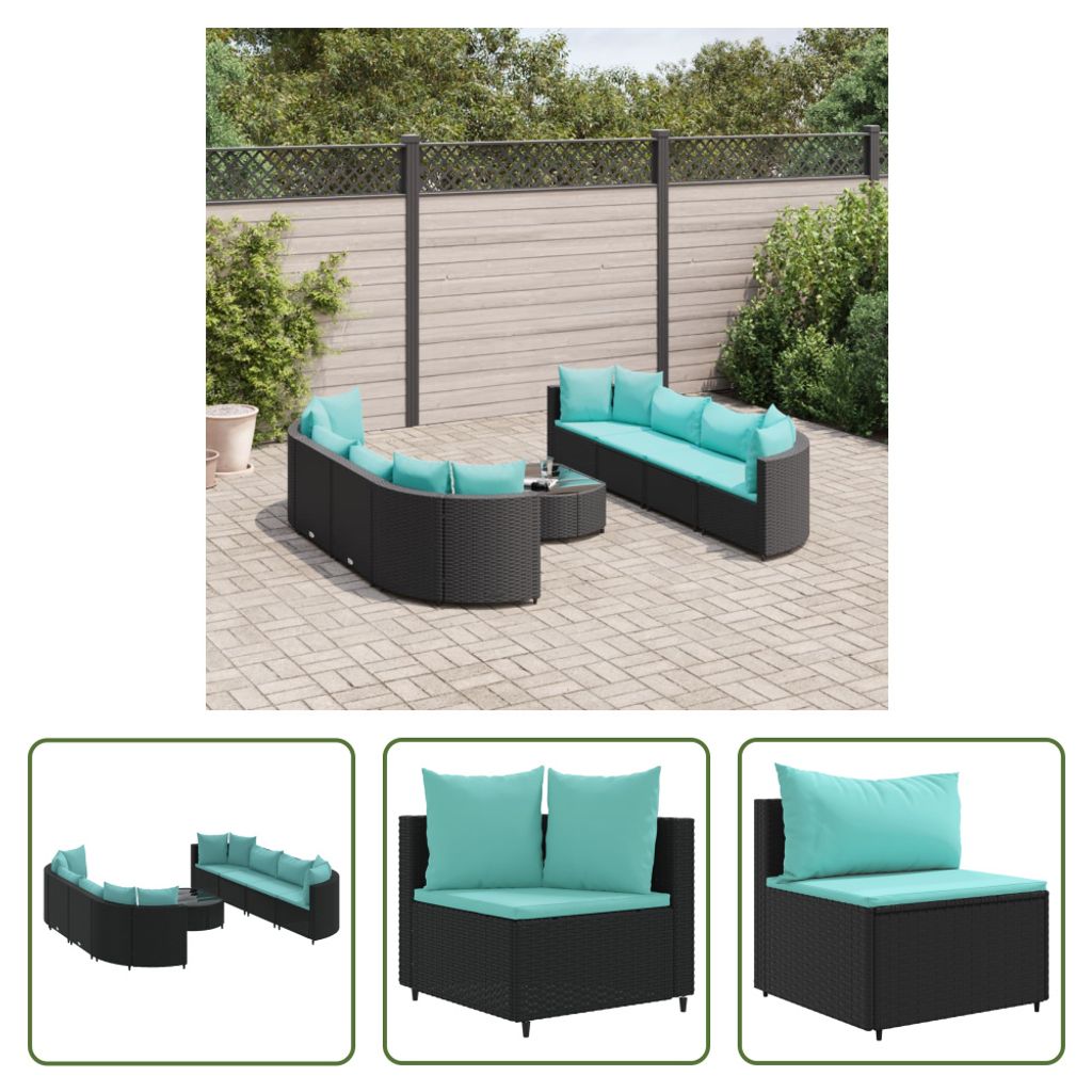 The Living Store 9-tlg. Garten-Sofagarnitur mit Kissen Schwarz Poly Rattan