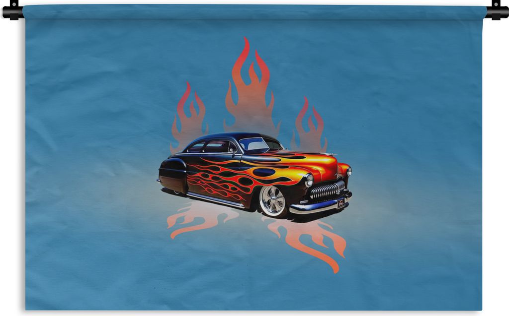 MuchoWow Wandteppich Wandbehang Auto - Flammen - Feuer - Blau - Vintage 150x100 cm Tapisserie Dekoration Wandtuch - Waschbar - Tapisserien - Wand...